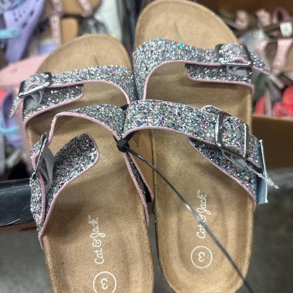 Shoes - Cat & Jack Girls Silver Glitter Double Buckle Slide Sandals Size 3